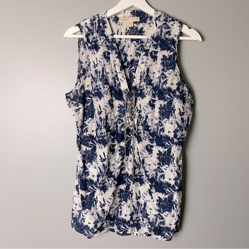 Michael Kors sleeveless tank white/blue indigo tie dye with chain lace up front